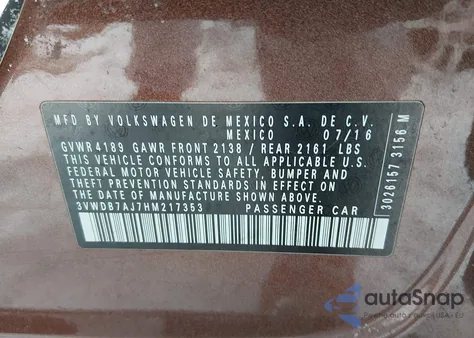 2017 Volkswagen Jetta 1.4T Se z USA, uszkodzony, nr VIN 3VWDB7AJ7HM217353